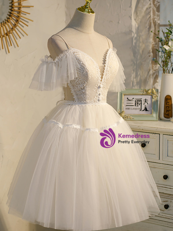 Ivory White Tulle Lace Spaghetti Straps Homecoming Dress