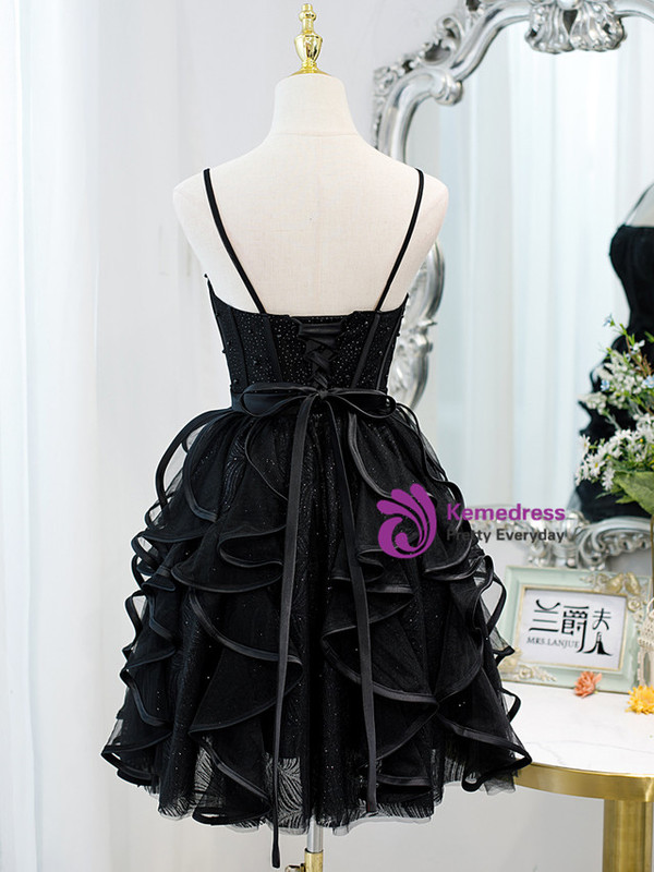 Black Tulle Spaghetti Straps Pearls Homecoming Dress