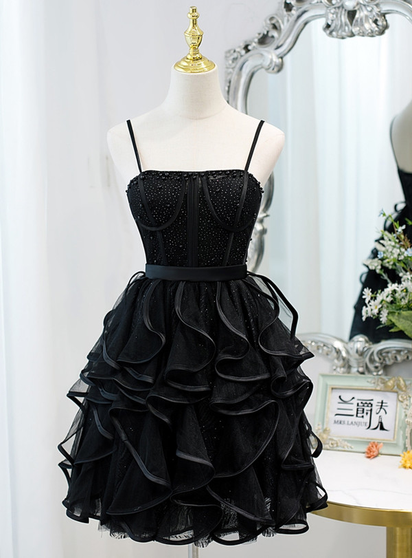 Black Tulle Spaghetti Straps Pearls Homecoming Dress