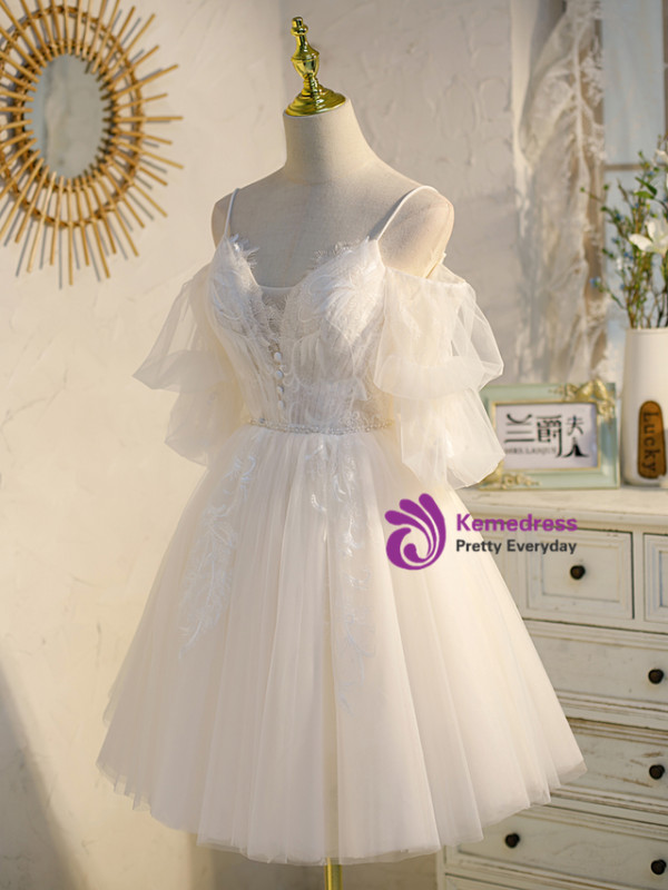 Ivory White Lace Tulle Puff Sleeve Homecoming Dress