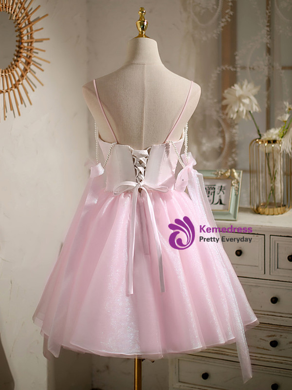 Sexy Pink Tulle Spaghetti Straps Homecoming Dress