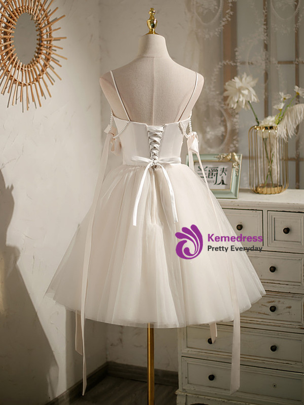 Ivory White Tulle Spaghetti Straps Pearls Homecoming Dress