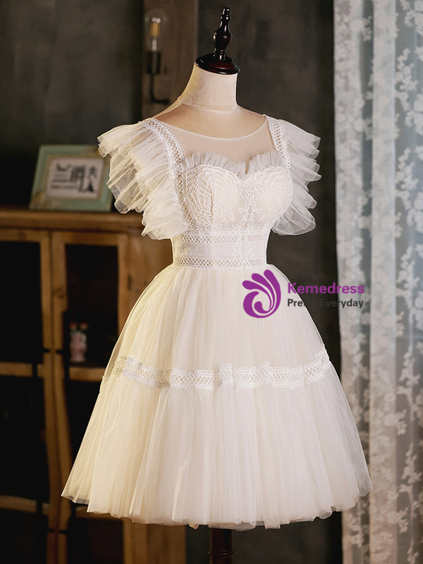 Simple White Tulle Lace Homecoming Dress
