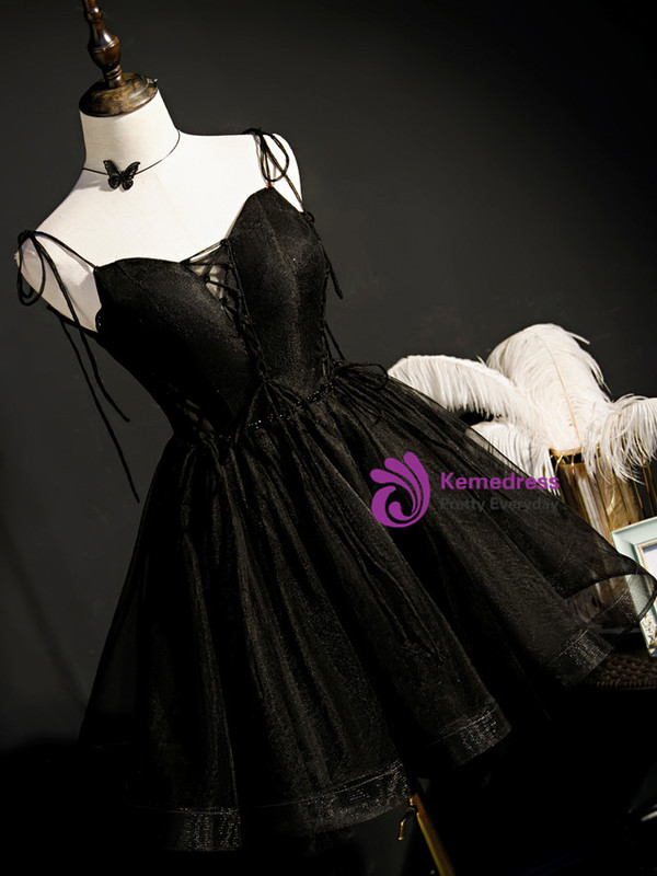 Black Tulle Spaghetti Straps Beading Homecoming Dress
