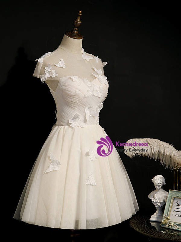 Ivory Tulle Backless Pleats Butterfly Homecoming Dress