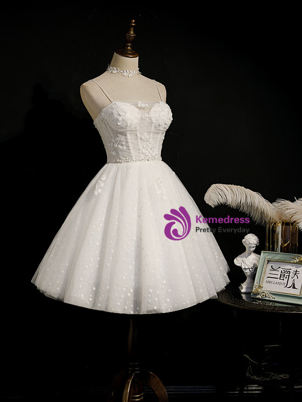 White Tulle Wave Point Spaghetti Straps Homecoming Dress