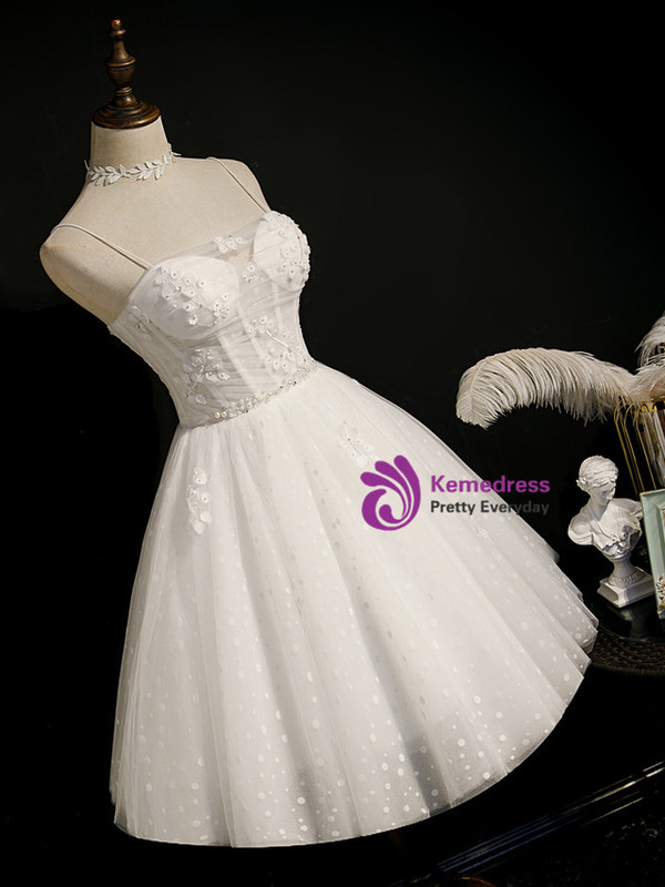 White Tulle Wave Point Spaghetti Straps Homecoming Dress