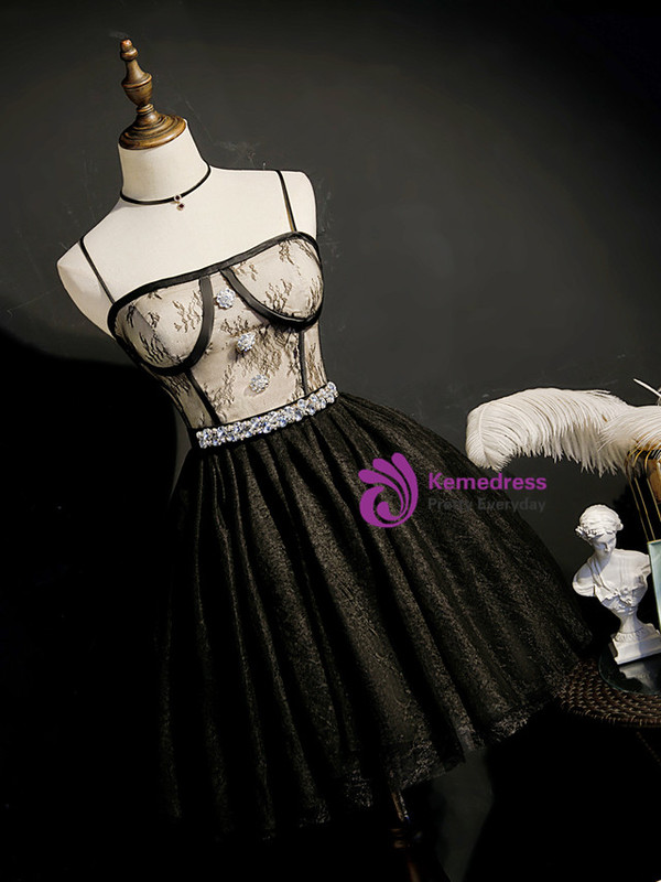 Black Tulle Lace Beading Crystal Homecoming Dress