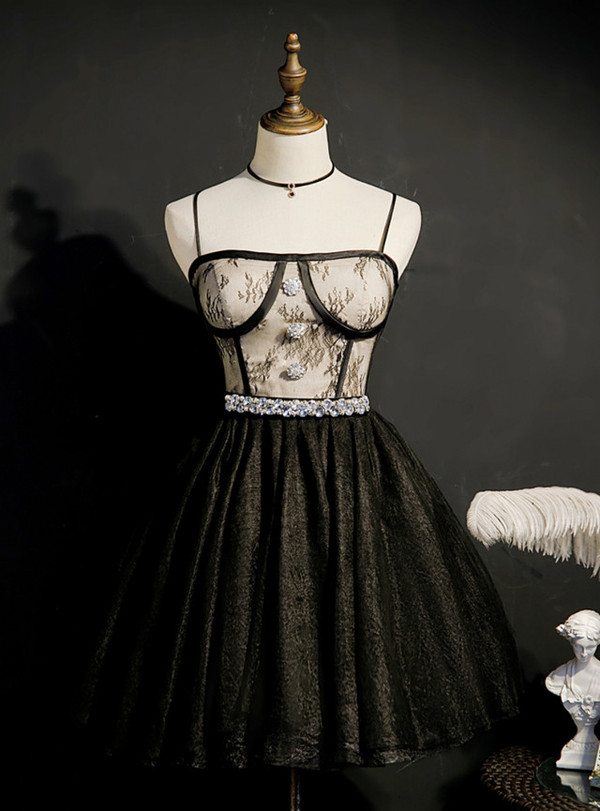 Black Tulle Lace Beading Crystal Homecoming Dress