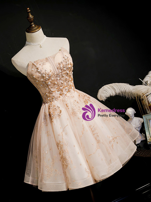 Champagne Tulle Sequins Strapless Homecoming Dress