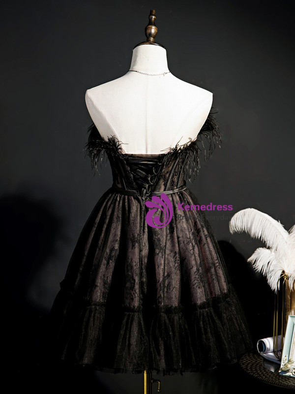 Black Tulle Lace Strapless Feather Homecoming Dress