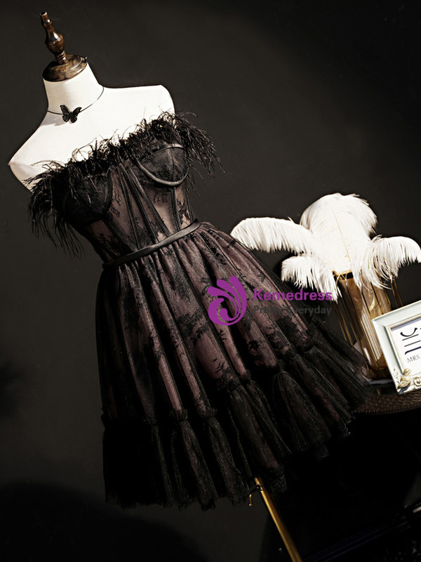 Black Tulle Lace Strapless Feather Homecoming Dress