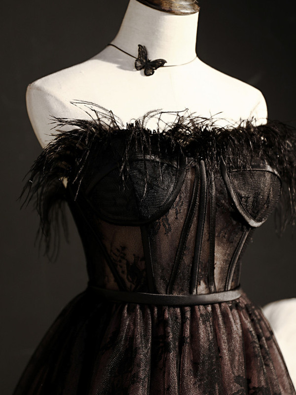 Black Tulle Lace Strapless Feather Homecoming Dress