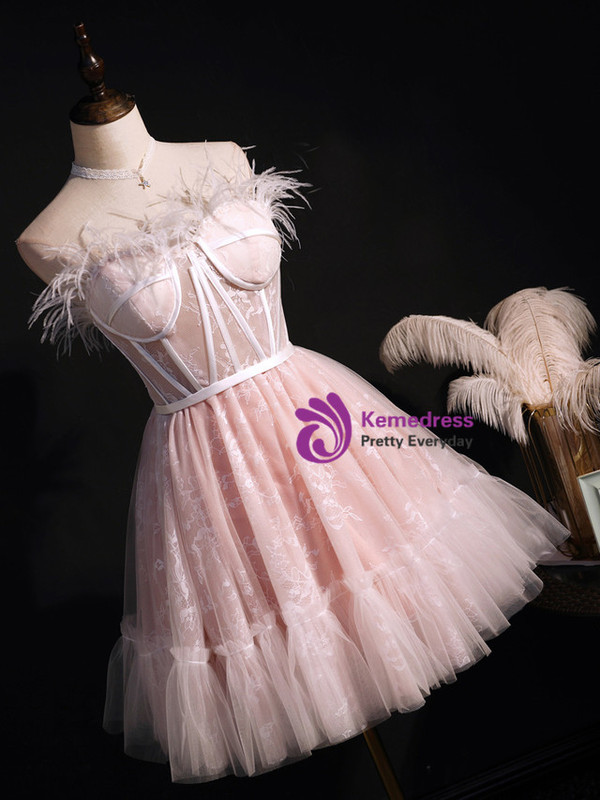 Pink Tulle Lace Feather Homecoming Dress