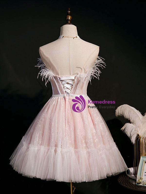 Pink Tulle Lace Feather Homecoming Dress