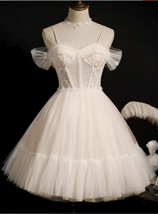 Ivory Tulle Appliques Pleats Pearls Homecoming Dress
