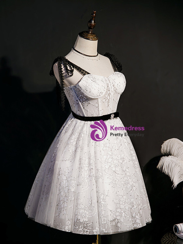 A-Line White Lace Straps Homecoming Dress