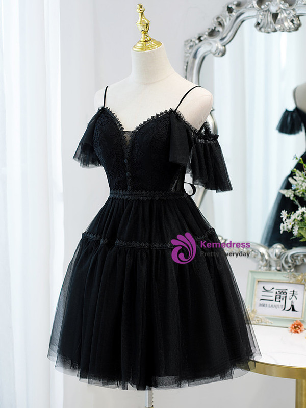 Black Tulle Lace Spaghetti Straps Homecoming Dress