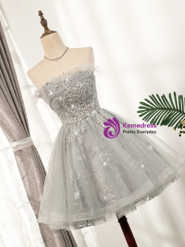 Gray Silver Strapless Sequins Feather Homecoming Dress