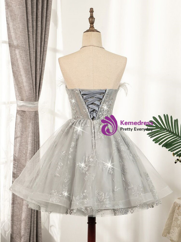Gray Silver Strapless Sequins Feather Homecoming Dress