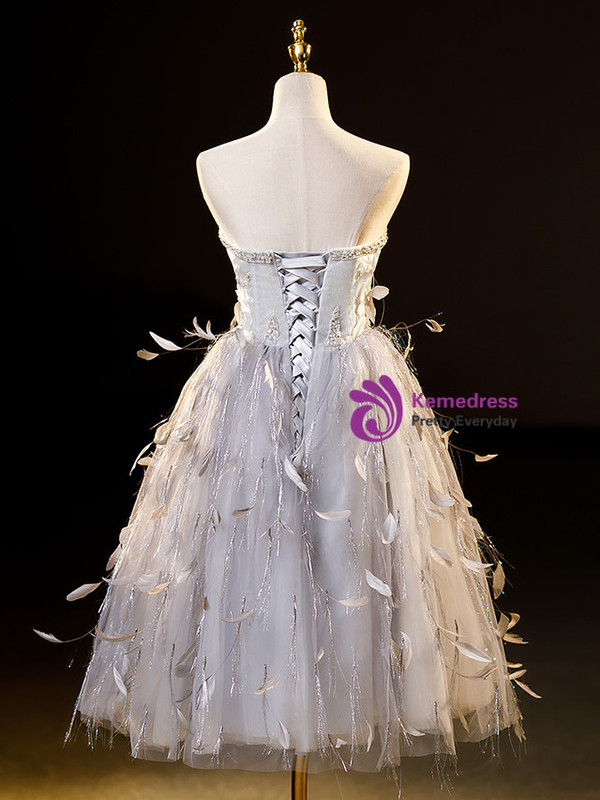 Gray Tulle Beading Feather Bading Homecoming Dress