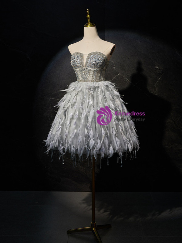 Silver Gray Strapless Beading Feather Homecoming Dress