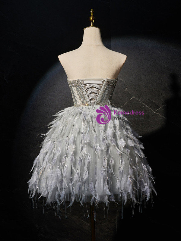 Silver Gray Strapless Beading Feather Homecoming Dress