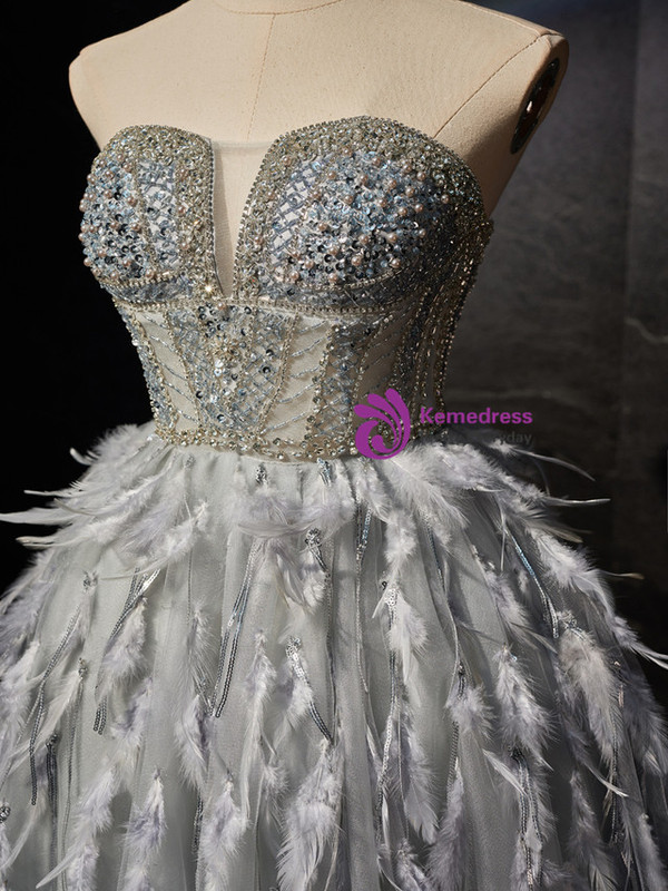 Silver Gray Strapless Beading Feather Homecoming Dress