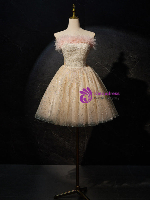 Champagne Tulle Sequins Beading Homecoming Dress