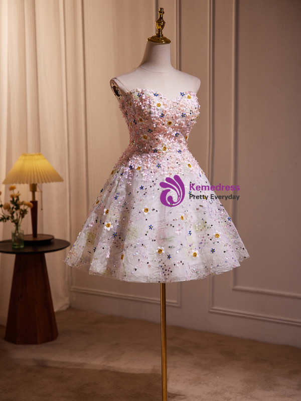 Tulle Sequins 3D Flower Beading Homecoming Dress