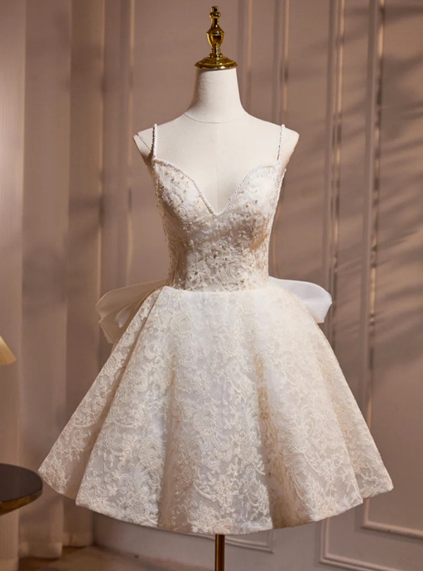 White Lace Spaghetti Straps Homecoming Dress