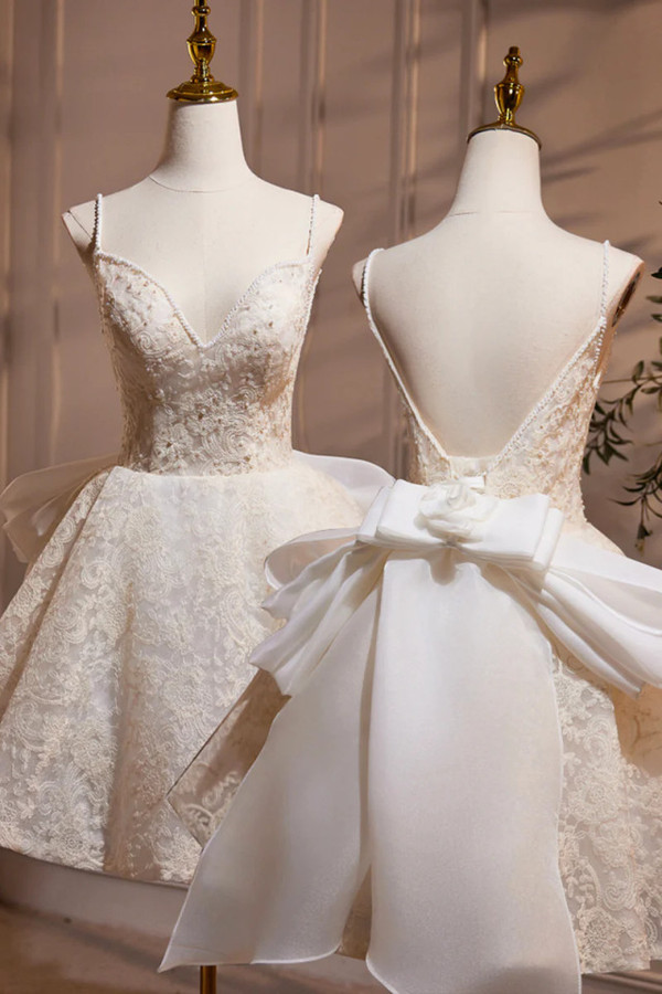 White Lace Spaghetti Straps Homecoming Dress