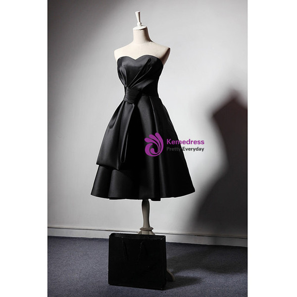 Black Satin Strapless Pleats Homecoming Dress