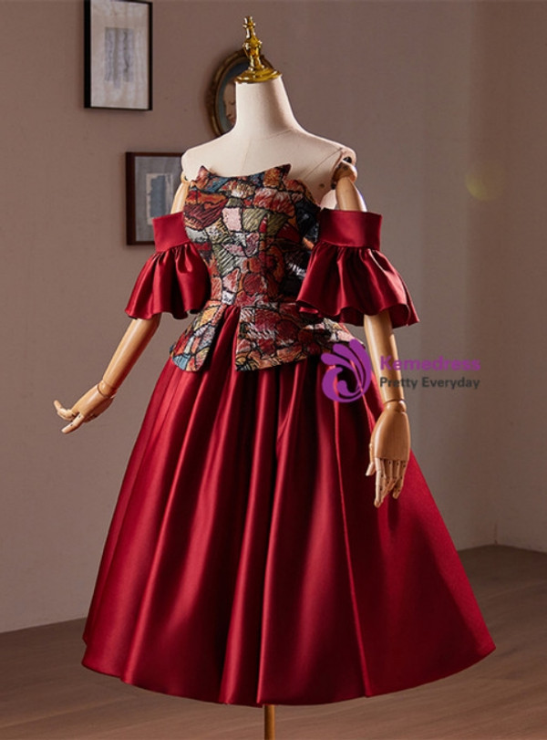 Burgundy Satin Short Sleeve Homecoming Dress