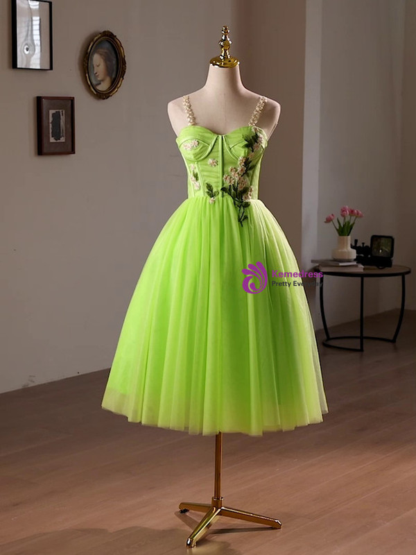 Green Tulle Spaghetti Straps Appliques Homecoming Dress