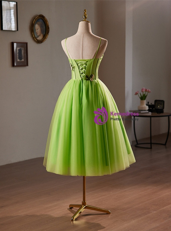 Green Tulle Spaghetti Straps Appliques Homecoming Dress