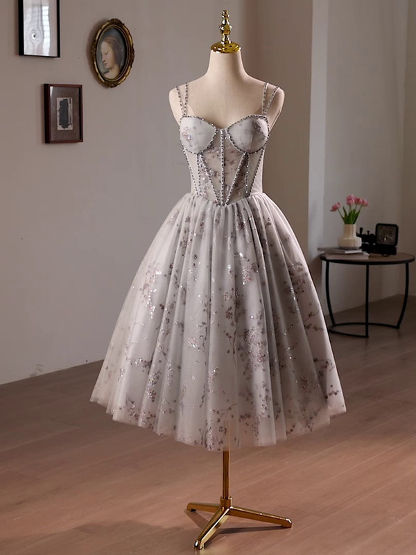 Gray Tulle Sequins Double Straps Homecoming Dress