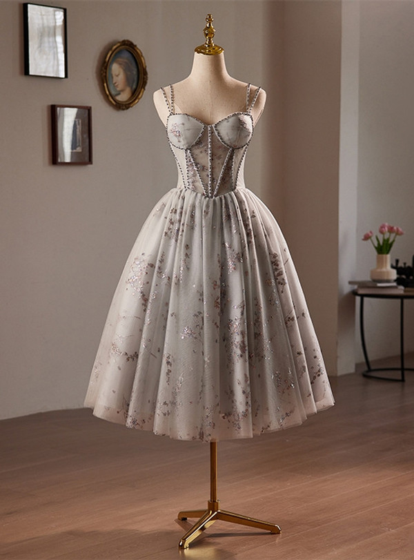 Gray Tulle Sequins Double Straps Homecoming Dress