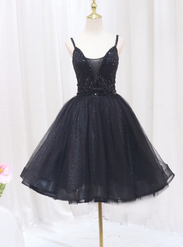 Black Tulle Sequins Spaghetti Straps Backless Homecoming Dress