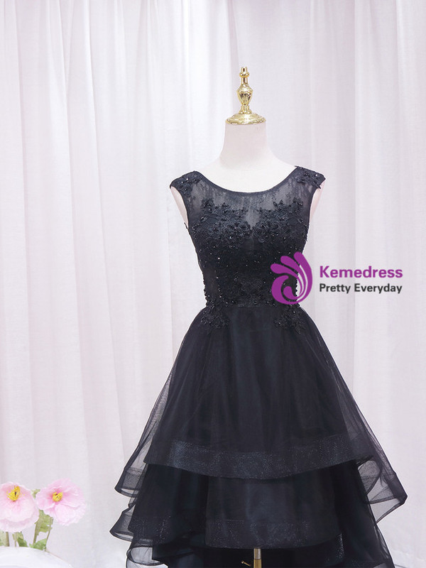 Black Tulle Hi Lo Appliques Beading Prom Dress