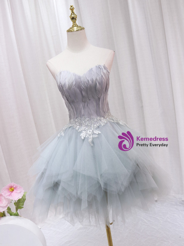 Gray Tulle Strapless Lace Homecoming Dress