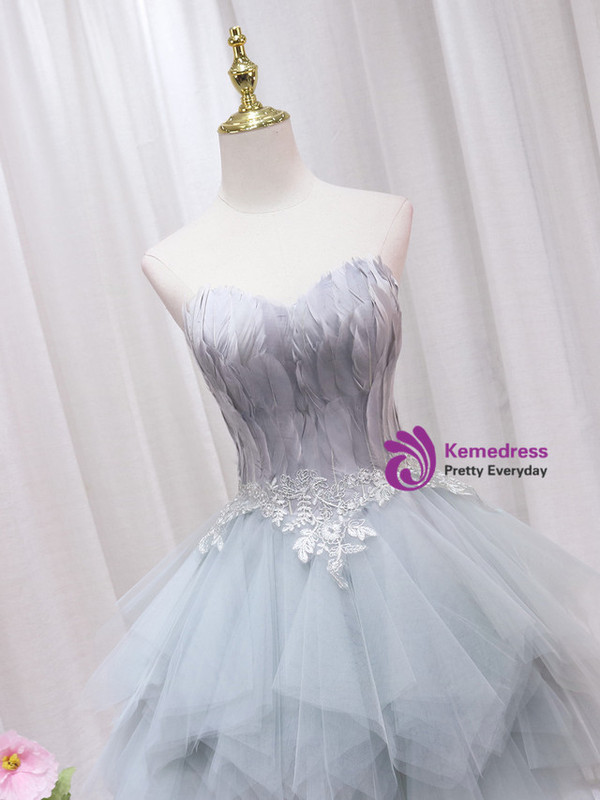 Gray Tulle Strapless Lace Homecoming Dress