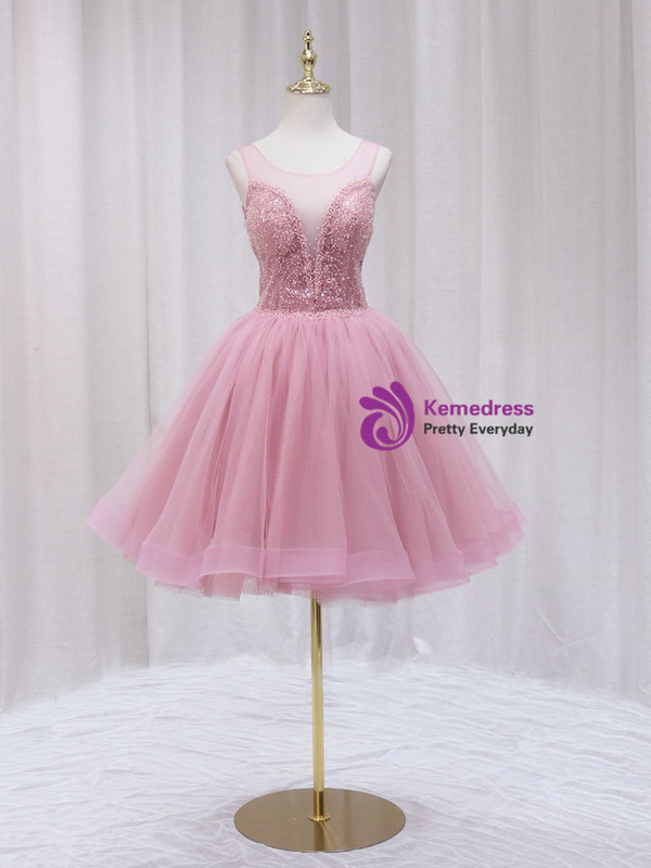 Pink Tulle Sequins Beading Backless Homecoming Dress