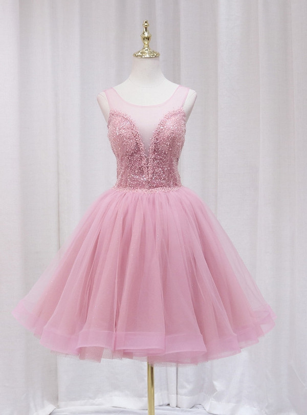 Pink Tulle Sequins Beading Backless Homecoming Dress