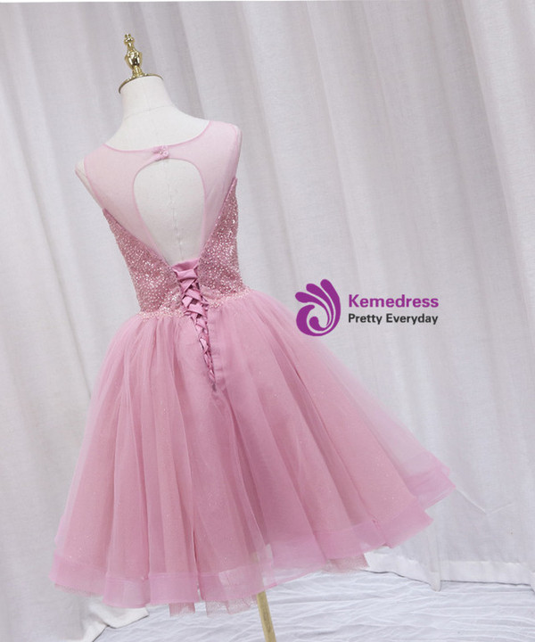 Pink Tulle Sequins Beading Backless Homecoming Dress