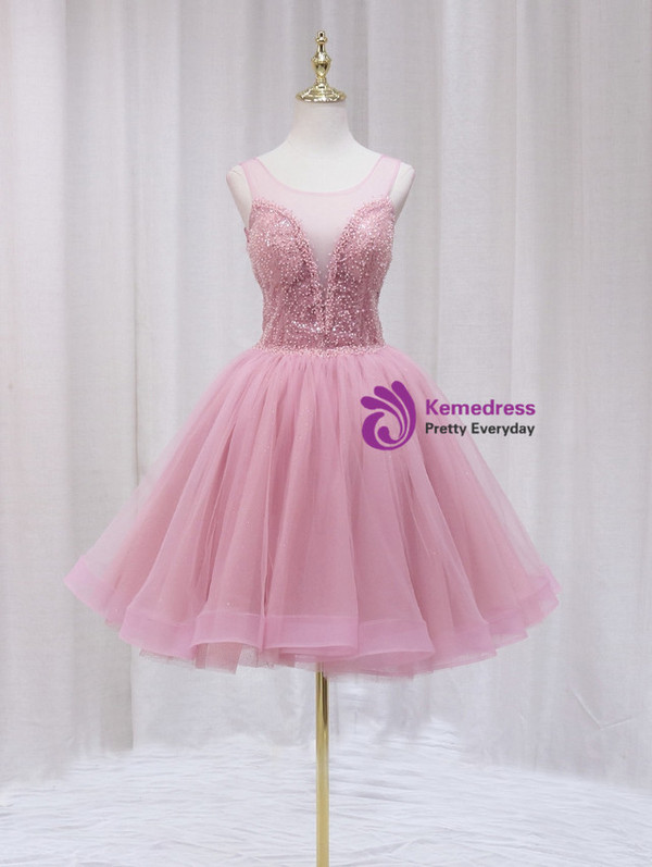 Pink Tulle Sequins Beading Backless Homecoming Dress
