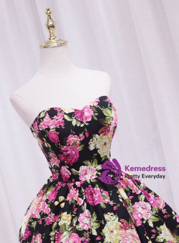 Black Satin Print Strapless Homecoming Dress