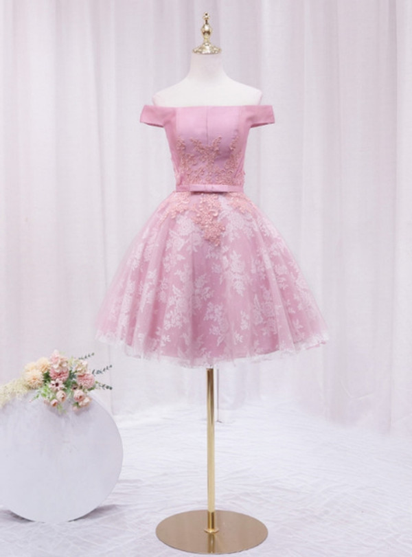 Pink Tulle Lace Appliques Homecoming Dress