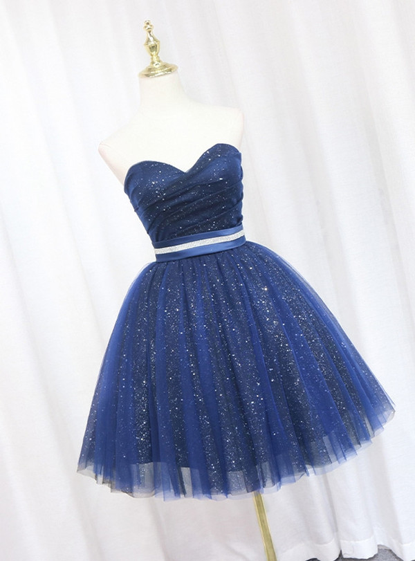 Blue Tulle Sequins Strapless Homecoming Dress