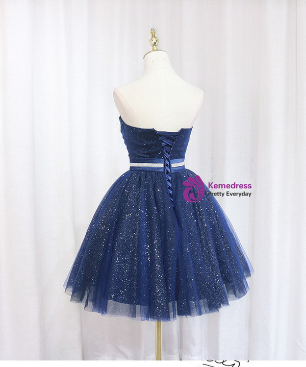 Blue Tulle Sequins Strapless Homecoming Dress